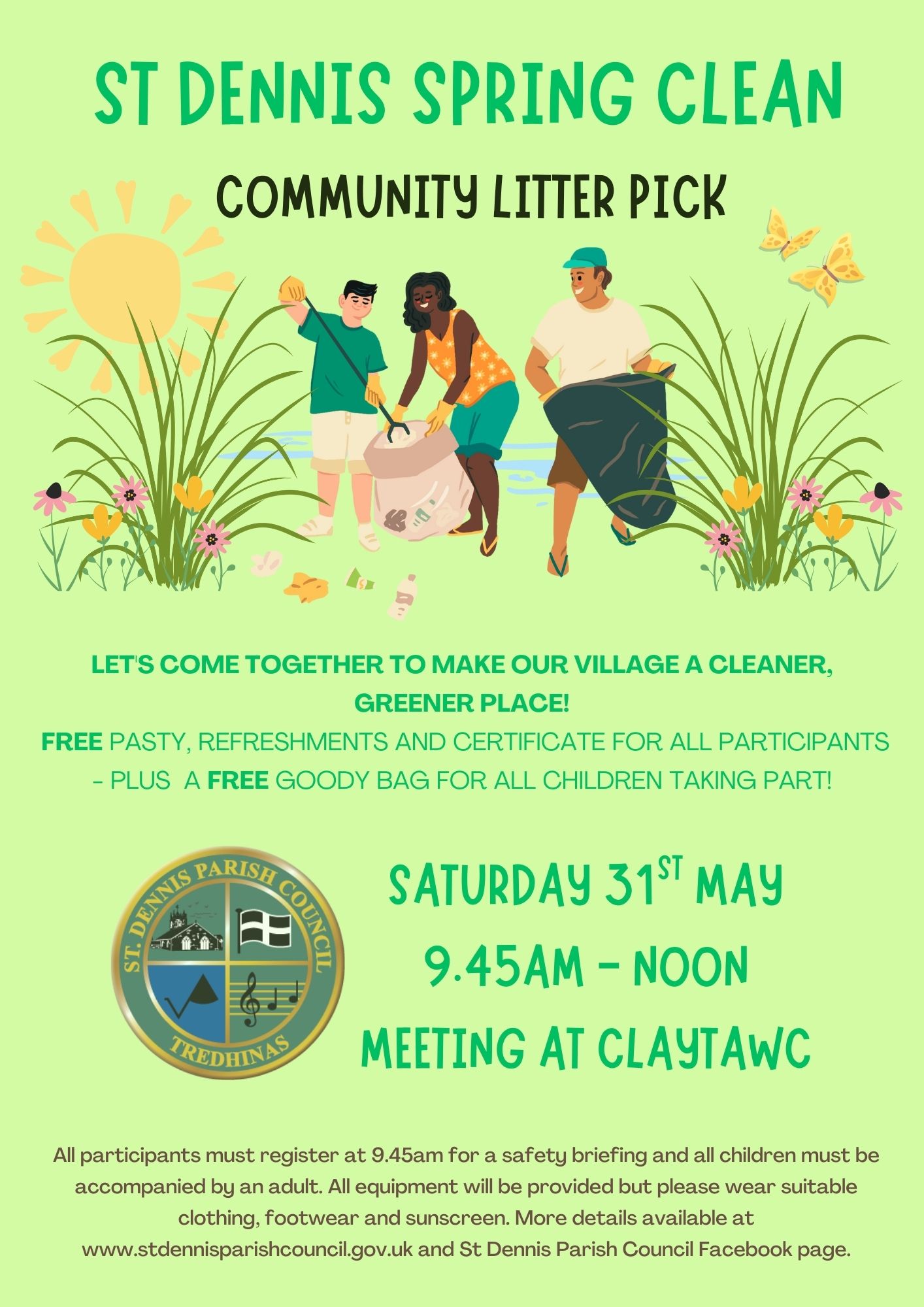 Text advertising the litter pick on a green background, cartoon image of three people litter picking. St Dennis Parish Council Logo.